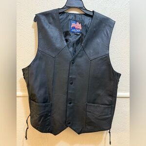USA Leather Mens Motorcycle Biker Vest Lace Up Sides Large Black
